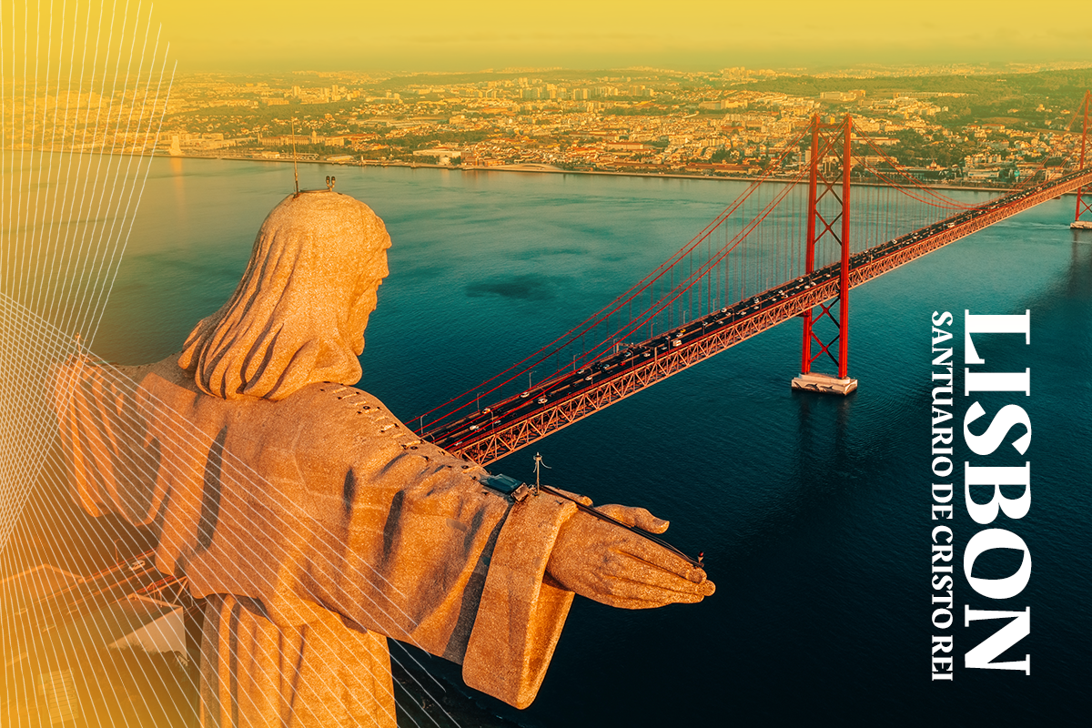 Santuario de Cristo Rei. Lissabon, Portugal. Drohnenfoto bei Sonnenaufgang. 