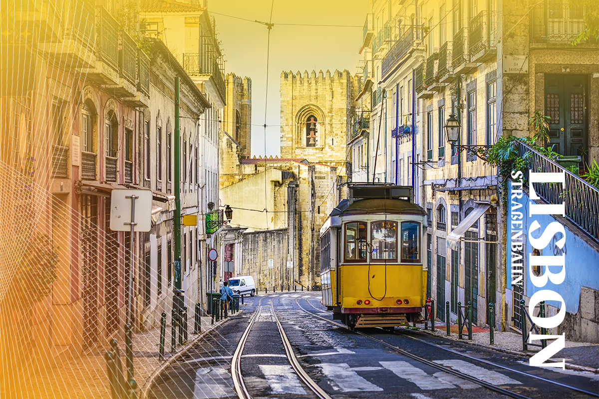 Lissabon, Porgugal City und Straßenbahn in der Nähe der Lissaboner Kathedrale.